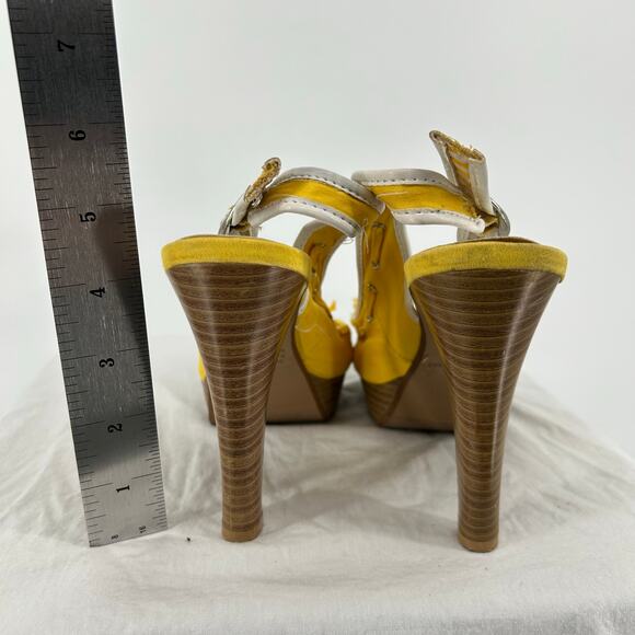 VTG y2k Women's Yellow Deb Peep Toe Slingback Buckle Bow Stiletto High Heels 7M - Picture 6 of 7